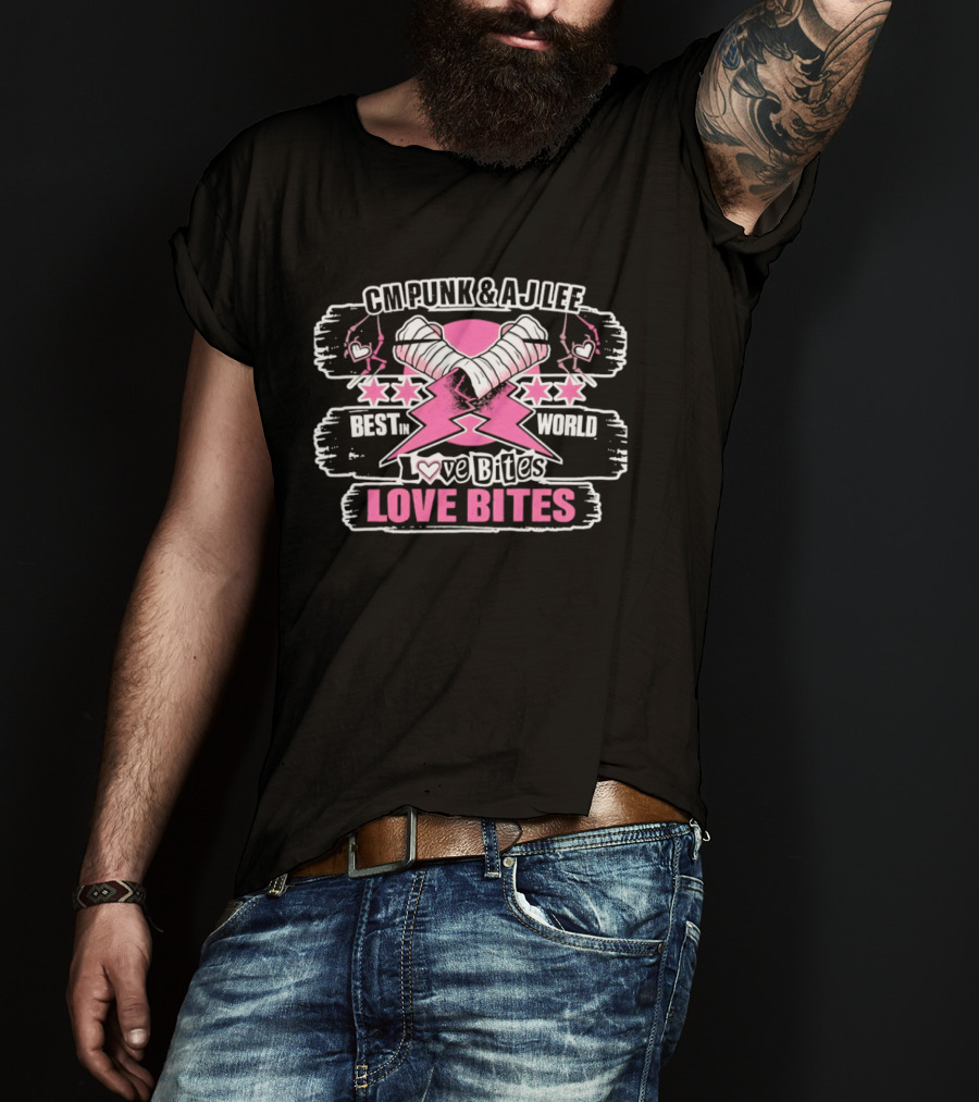 CM Punk AJ Lee Best In The World Love Bites Pink Heart Stars T-Shirt