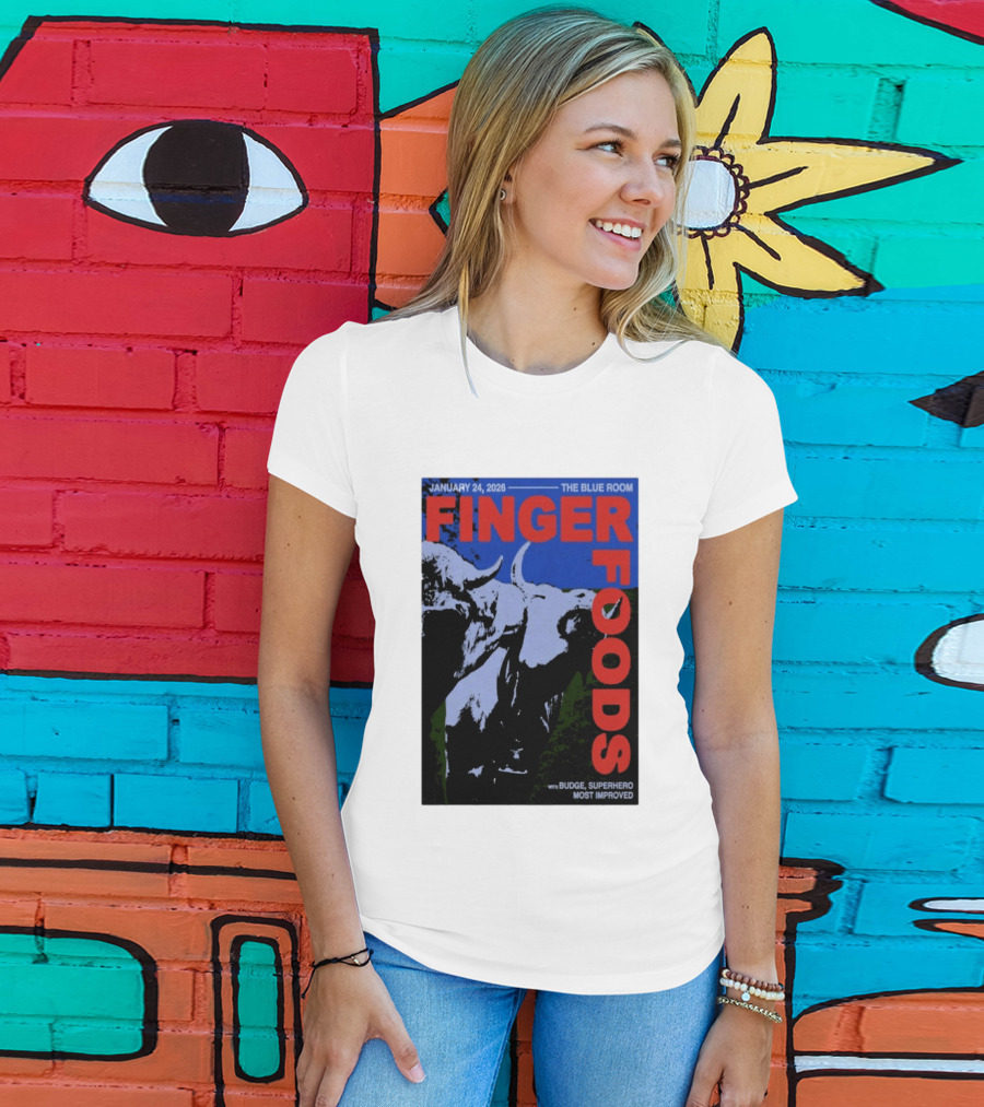 January 24 2026 Finger Foods The Blue Room Budge Superhero Most Improved T-Shirt