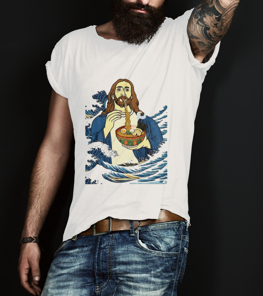 God Eats Ramen Jesus Wave Meme With Bowl Of Noodles T-Shirt