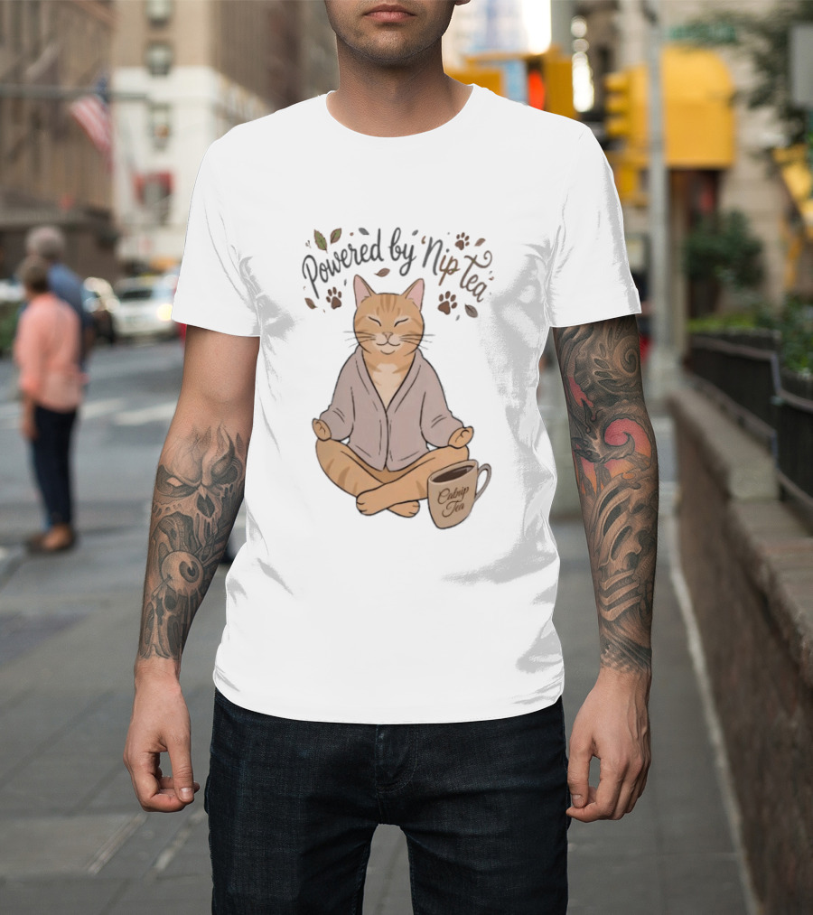 Powered By Nip Tea Catnip Tea Meditating Cat With Paw Prints T-Shirt