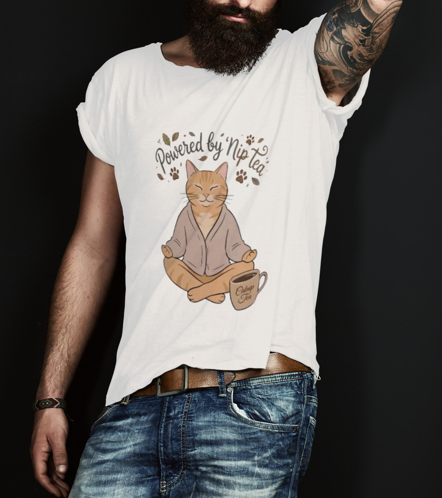 Powered By Nip Tea Catnip Tea Meditating Cat With Paw Prints T-Shirt