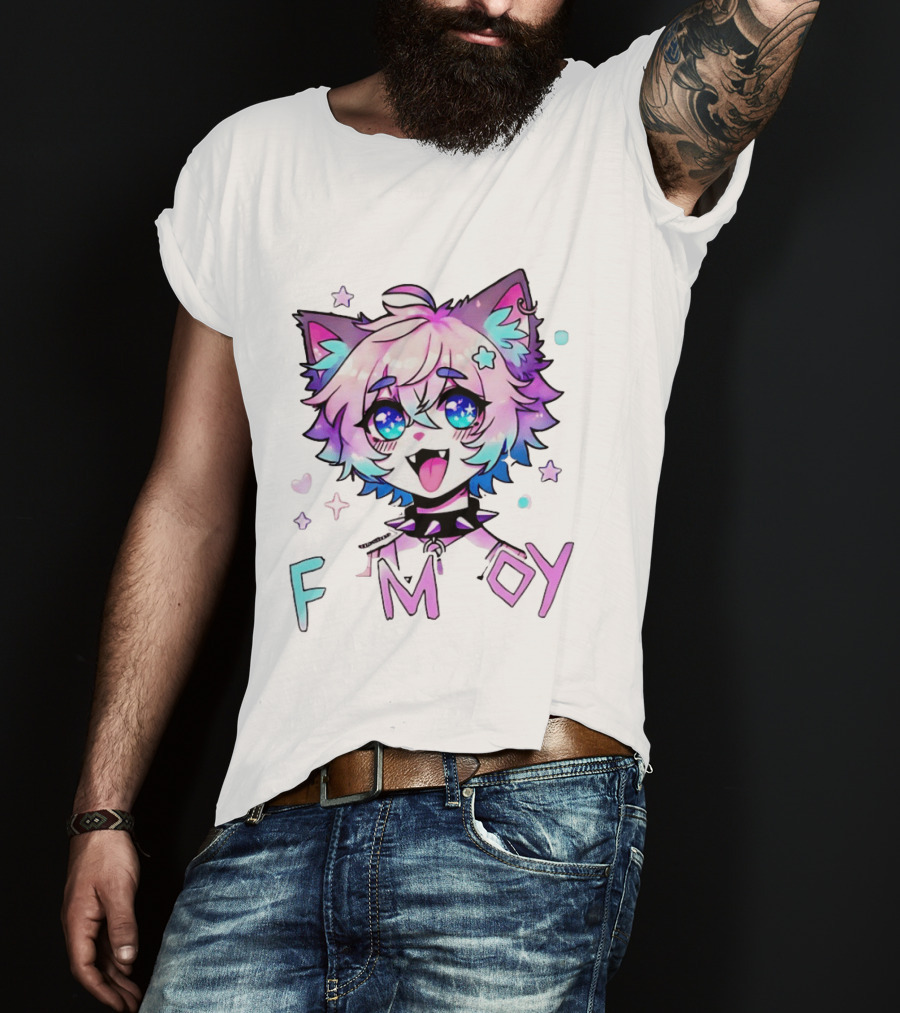 Femboy Cat Boy Anime Spike Collar Starry Eyes Pastel Ears T-Shirt