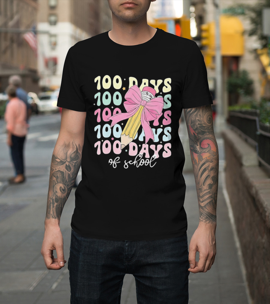 100 Days Of School Pink Bow Pencil Celebration T-Shirt