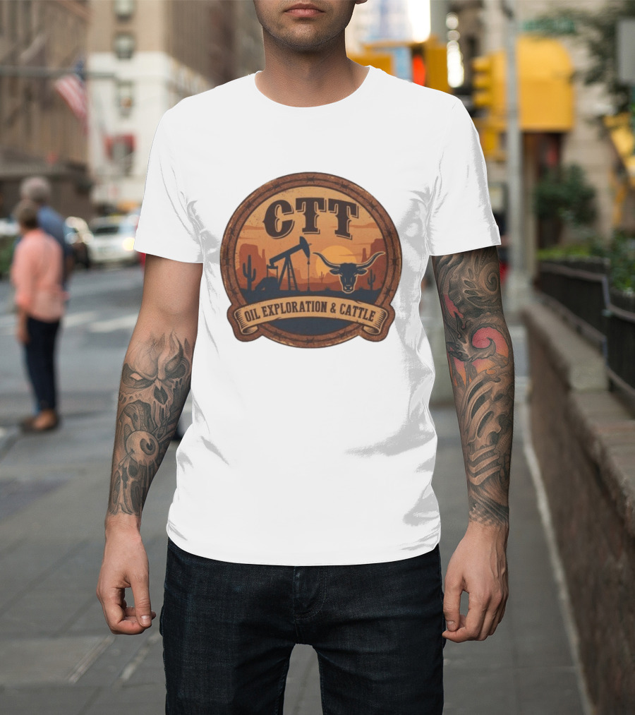 CTT Oil Exploration & Cattle West Texas Sunset Pumpjack And Longhorn Desert Scene T-Shirt