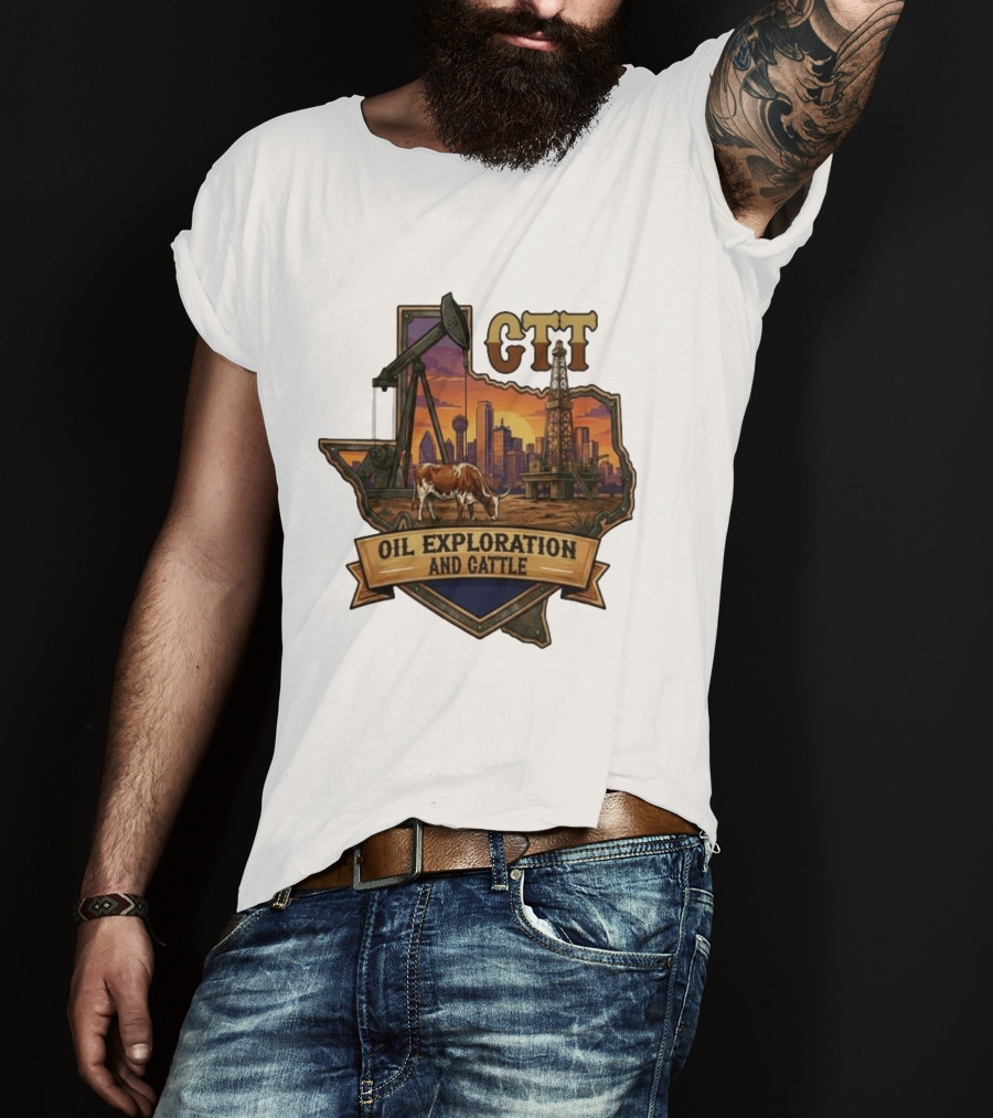 Texas CTT Oil Exploration Cattle Sunset Skyline T-Shirt