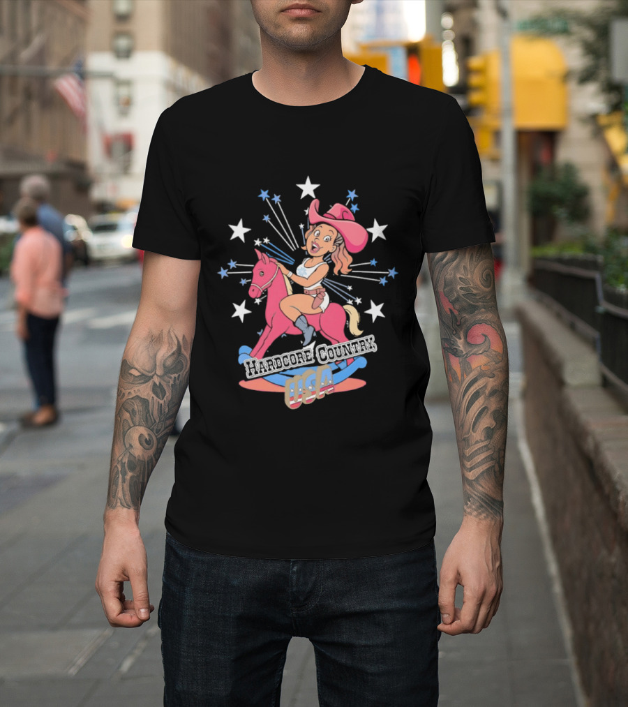 Hardcore Country USA Cowgirl Riding Pink Horse With Stars T-Shirt