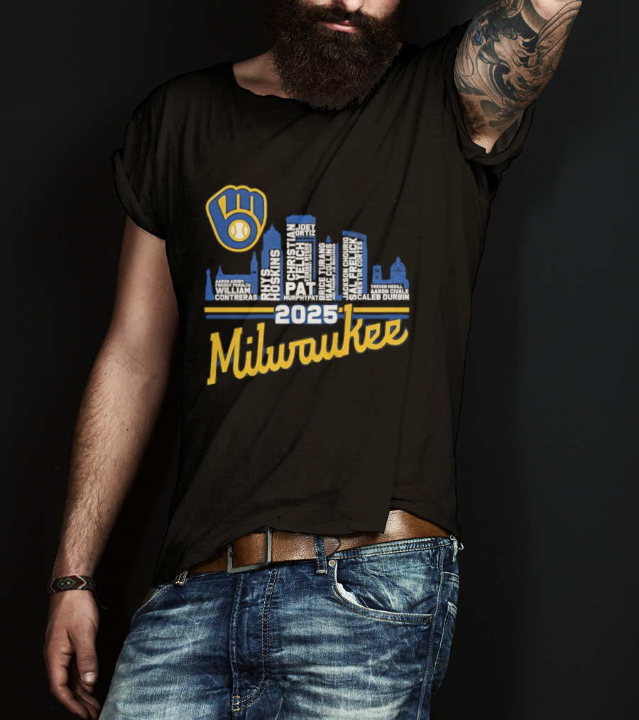 Milwaukee Brewers 2025 City Skyline Baseball Players Names T-Shirt