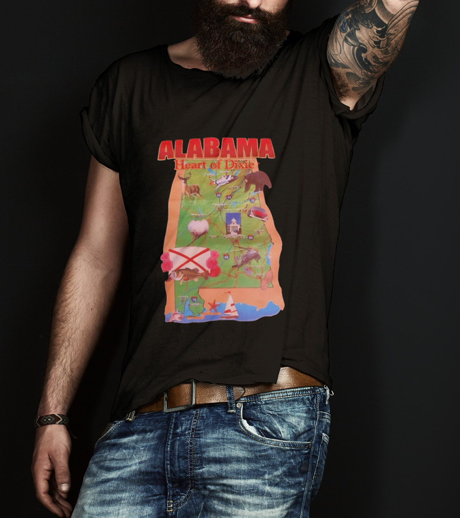 Alabama Heart Of Dixie Map Landmarks And Wildlife T-Shirt
