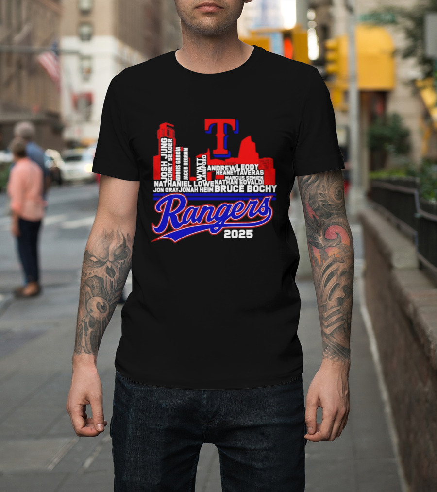 Texas Rangers 2025 City Skyline Players Names Bruce Bochy T-Shirt