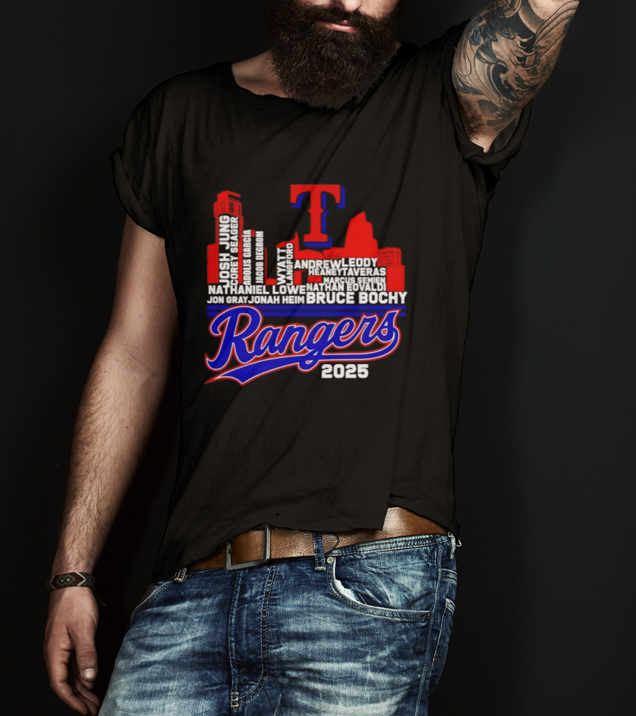 Texas Rangers 2025 City Skyline Players Names Bruce Bochy T-Shirt