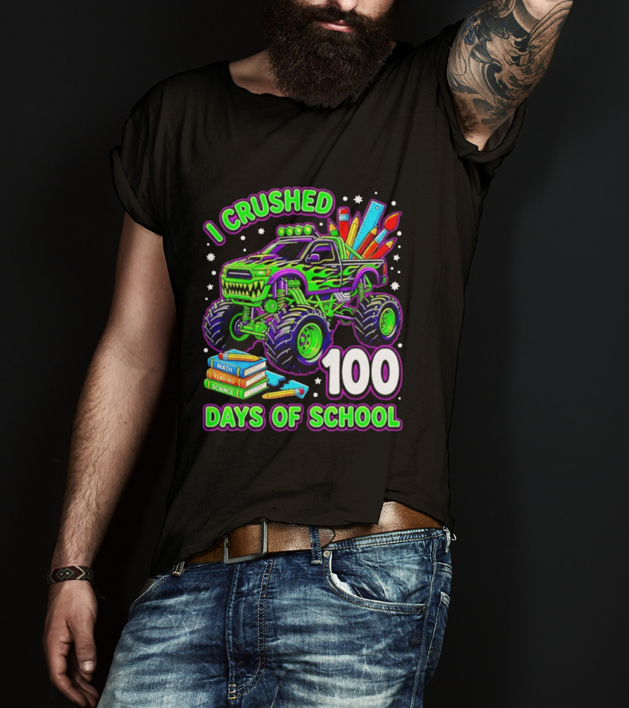 I Crushed 100 Days Of School Monster Truck Math Reading Science Book T-Shirt