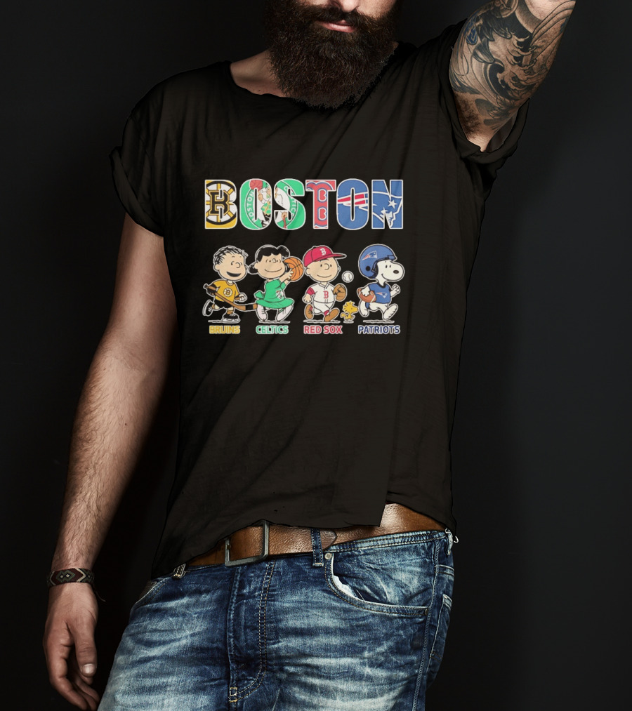 Peanuts Characters In Boston Bruins Celtics Red Sox Patriots Team T-Shirt