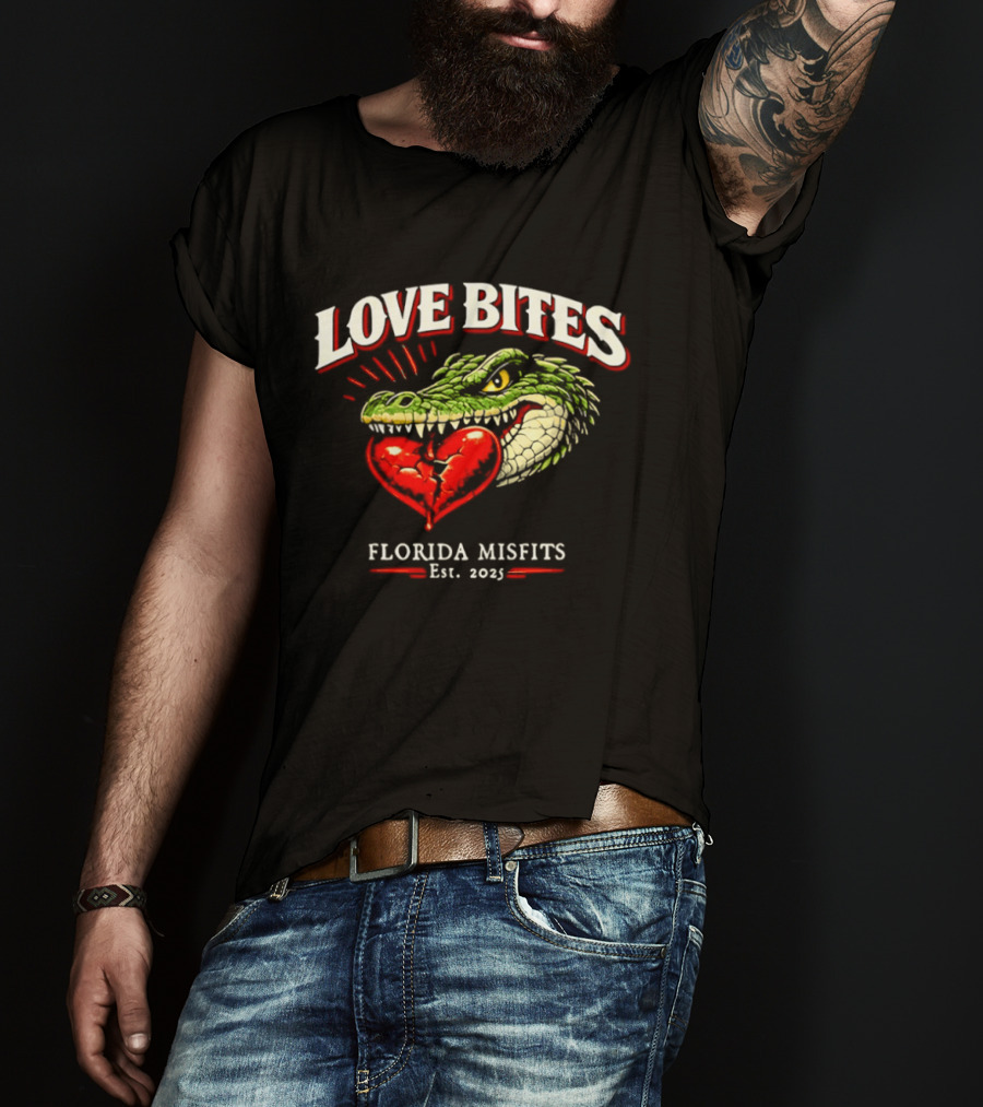 Love Bites Crocodile Broken Heart Florida Misfits Est 2025 T-Shirt