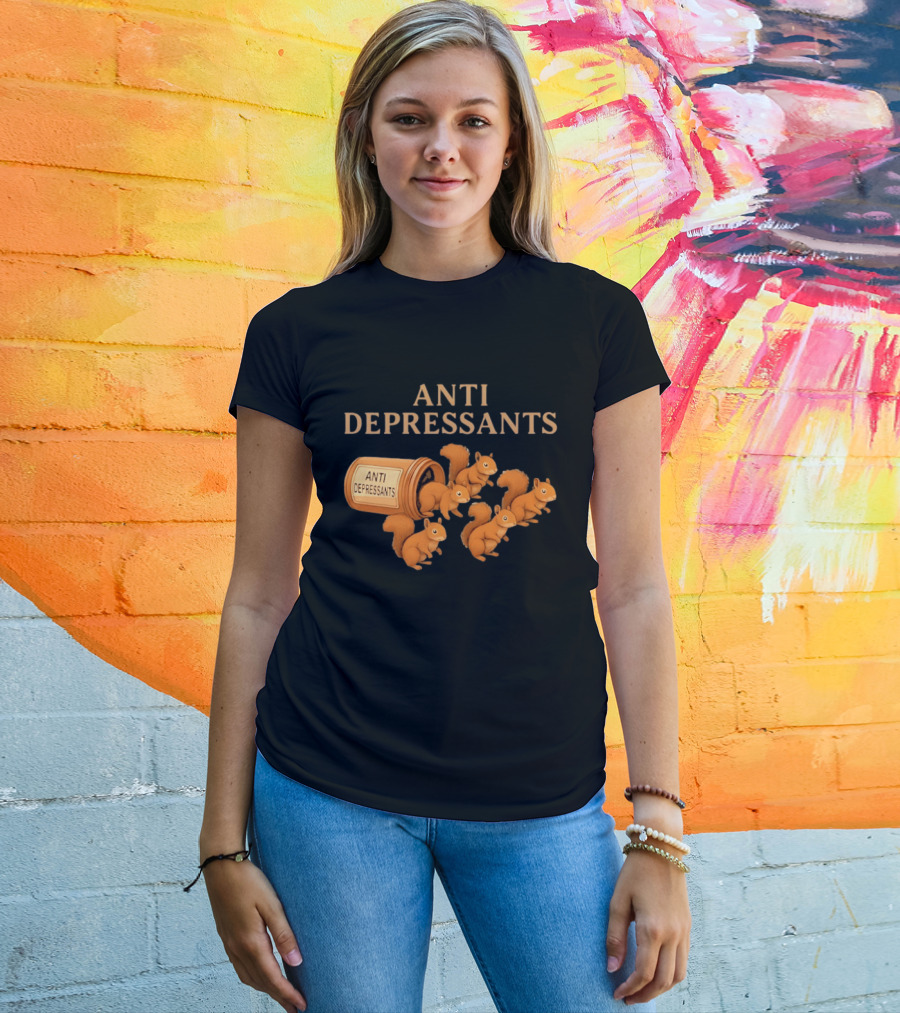 Squirrel Anti Depressants Funny Squirrels In Bottle T-Shirt