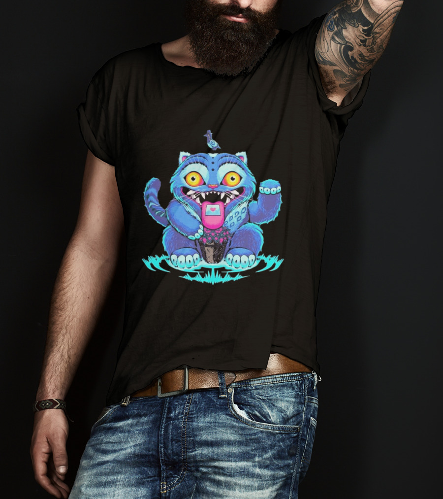 Lucky Derpy Cheshire Cat Maneki Neko Fusion Vibrant Blue T-Shirt