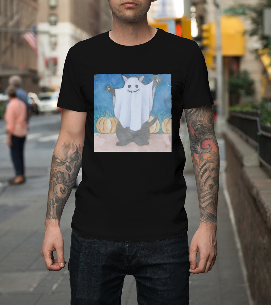 Spooky Black Cat In Ghost Costume With Pumpkins Halloween T-Shirt