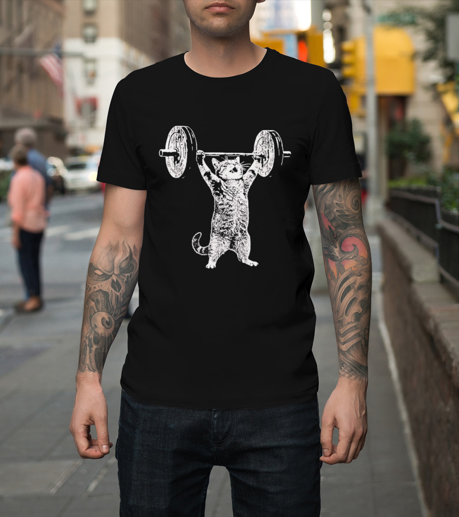 Cat Shoulder Overhead Press Weightlifting Feline Lifting Barbell T-Shirt