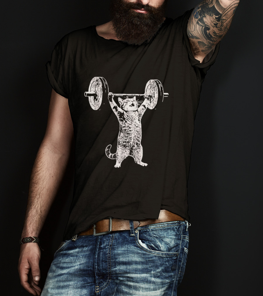Cat Shoulder Overhead Press Weightlifting Feline Lifting Barbell T-Shirt