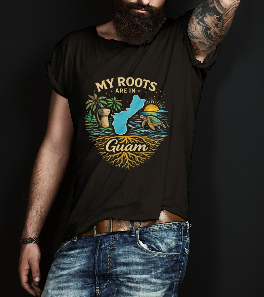 My Roots Are In Guam Chamorro Culture Heritage Turtle Latte Stone Palms Sunset Ocean Map T-Shirt