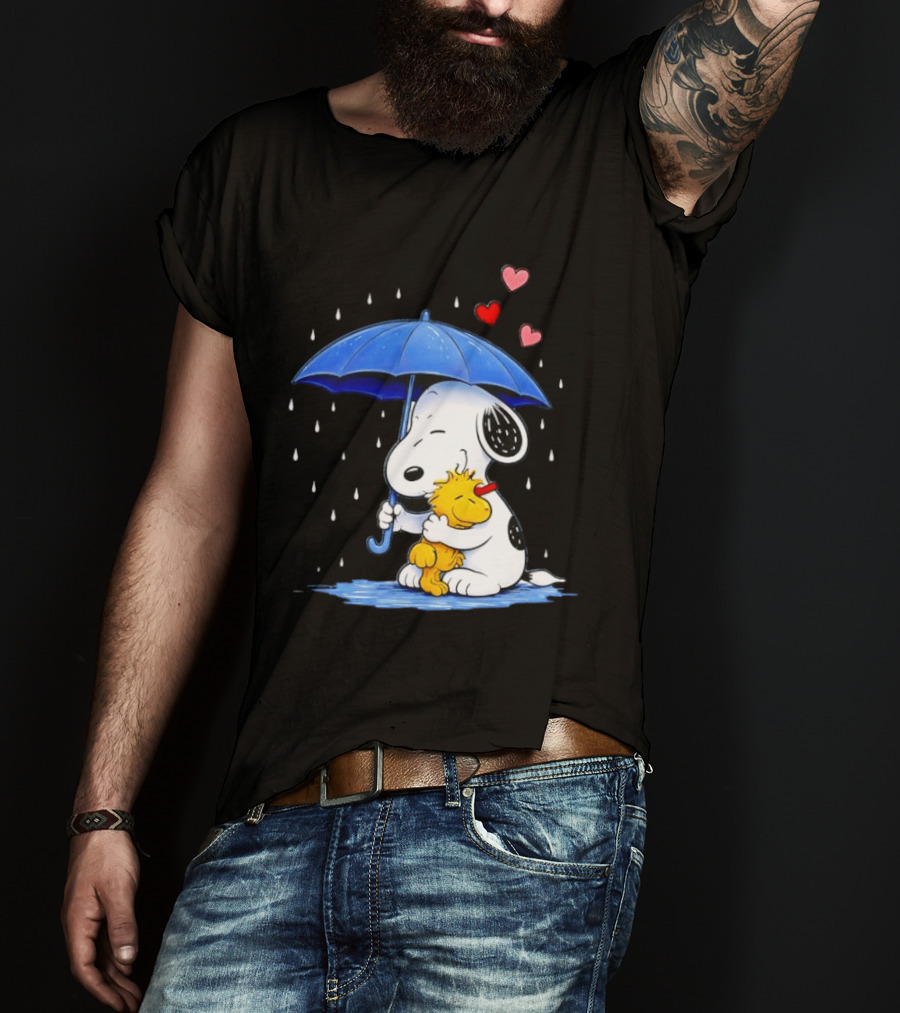 Snoopy Woodstock Umbrella Hearts Rain Hugging T-Shirt