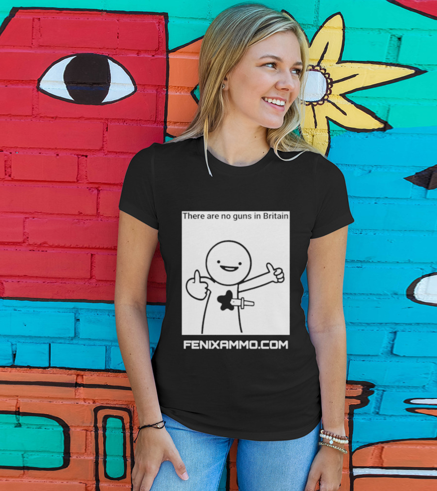 There Are No Guns In Britain Fenixammo Com Happy Character With Gun Hand Gesture T-Shirt