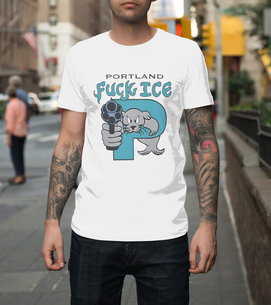 Portland Fuck ICE Seal Holding Revolver Protest T-Shirt