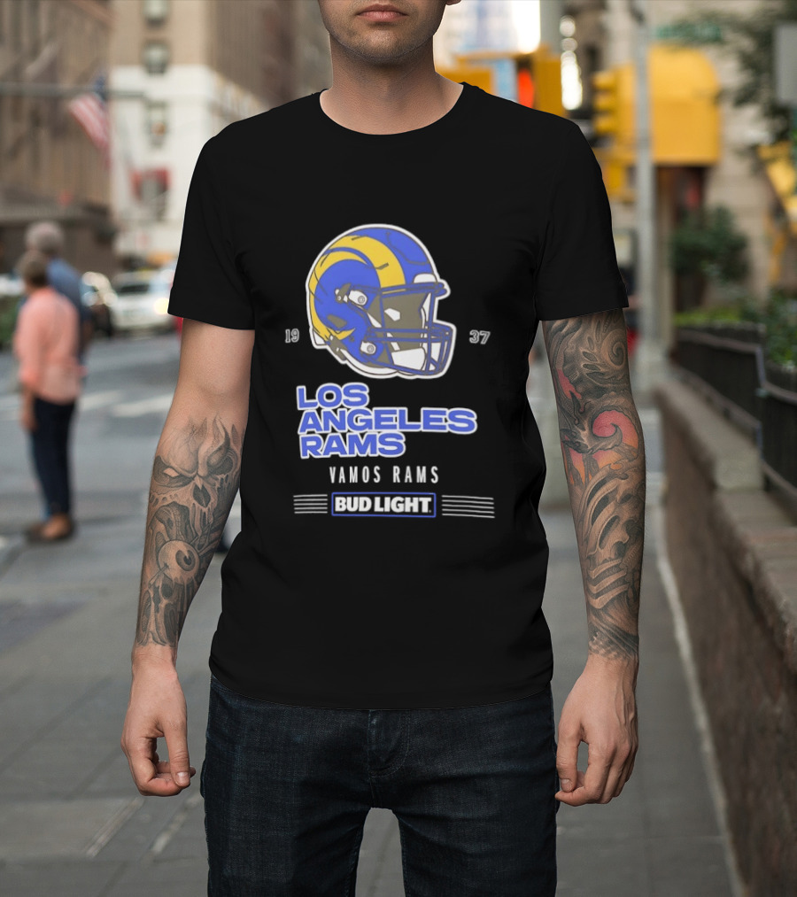 Los Angeles Rams Vamos Rams Bud Light 1937 Football Helmet T-Shirt