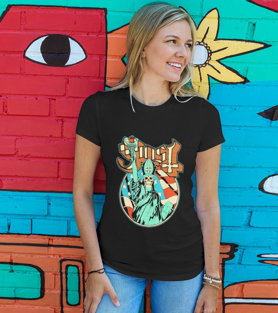 Ghost Statue Of Liberty Skeleton Torch Metal Band T-Shirt