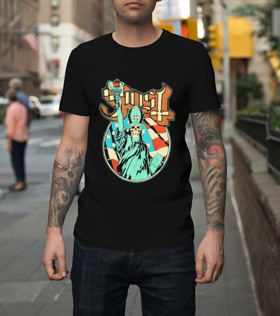 Ghost Statue Of Liberty Skeleton Torch Metal Band T-Shirt