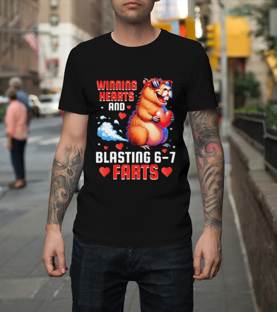 Winning Hearts And Blasting 6 7 Farts Capybara Valentine's Day T-Shirt