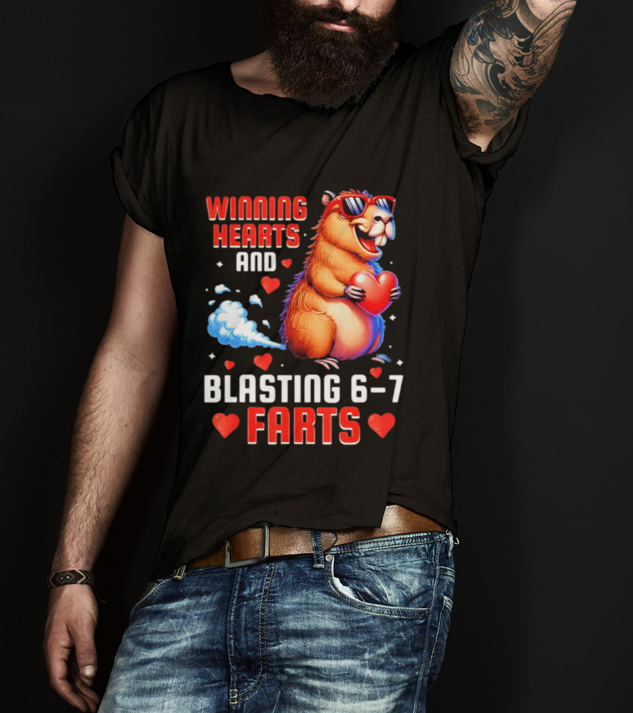 Winning Hearts And Blasting 6 7 Farts Capybara Valentine's Day T-Shirt