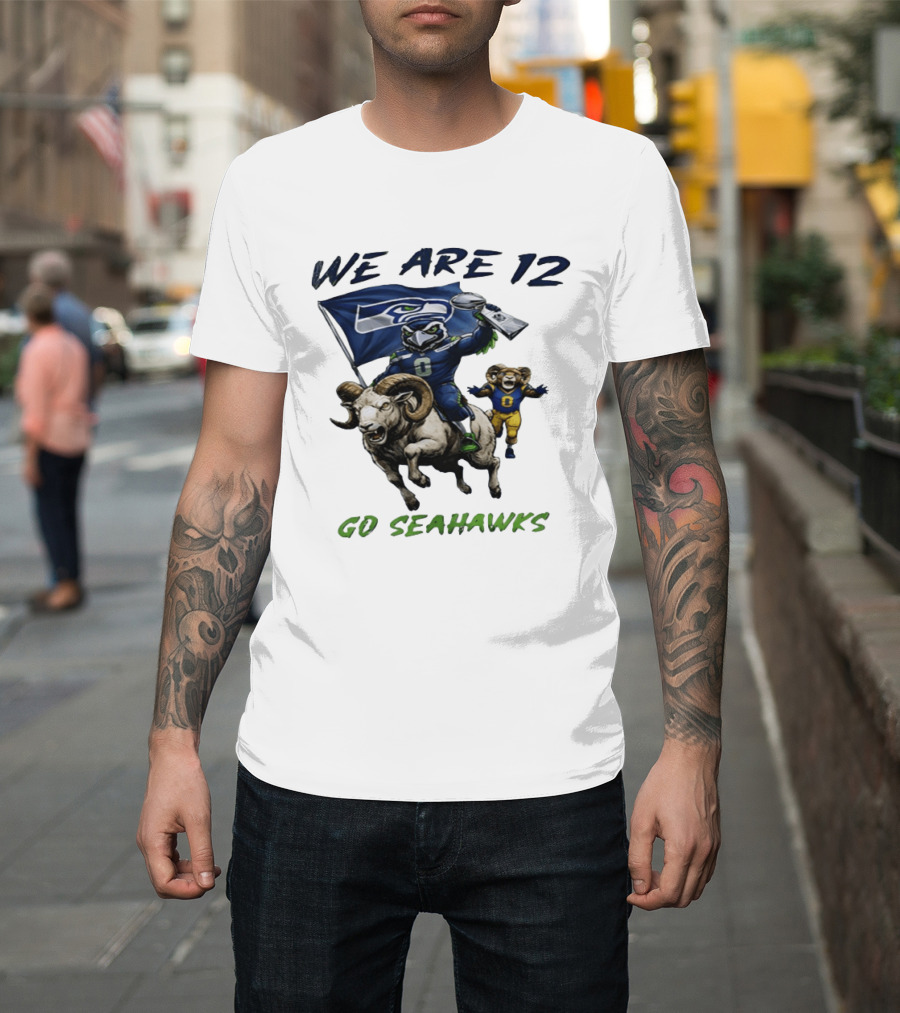 We Are 12 Go Seahawks Riding Goat With Seahawks Flag T-Shirt
