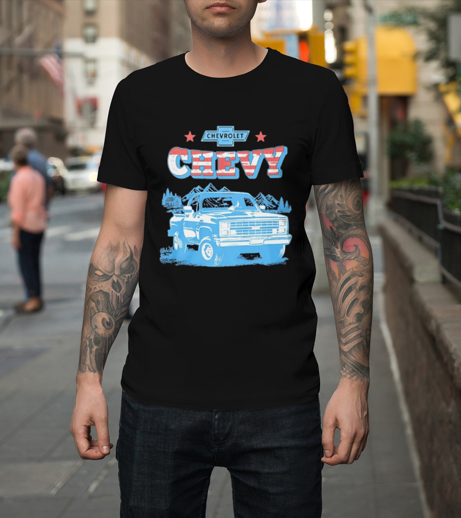 Chevy Chevrolet Truck Vintage Stars And Stripes Retro Mountain Scene T-Shirt
