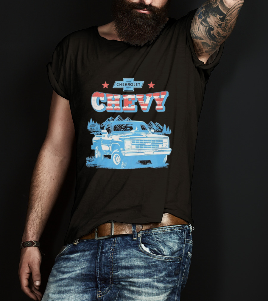 Chevy Chevrolet Truck Vintage Stars And Stripes Retro Mountain Scene T-Shirt