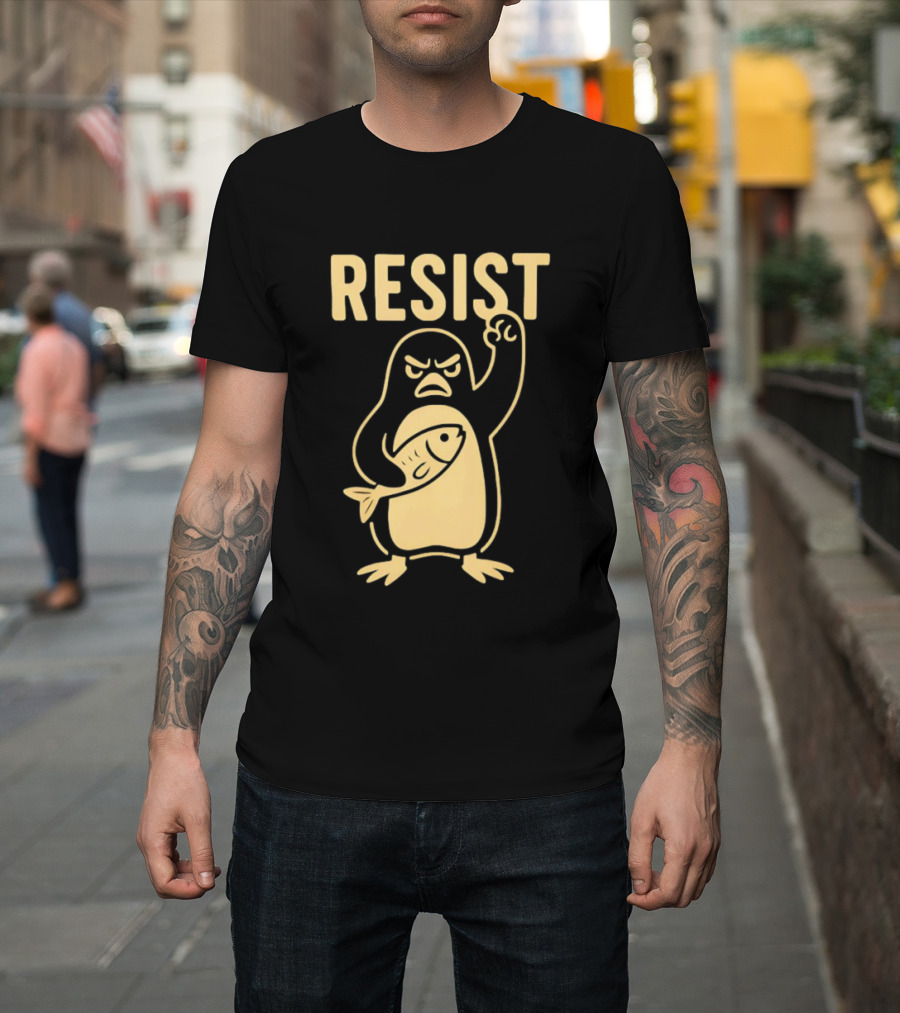 RESIST Angry Penguin Holding Fish T-Shirt