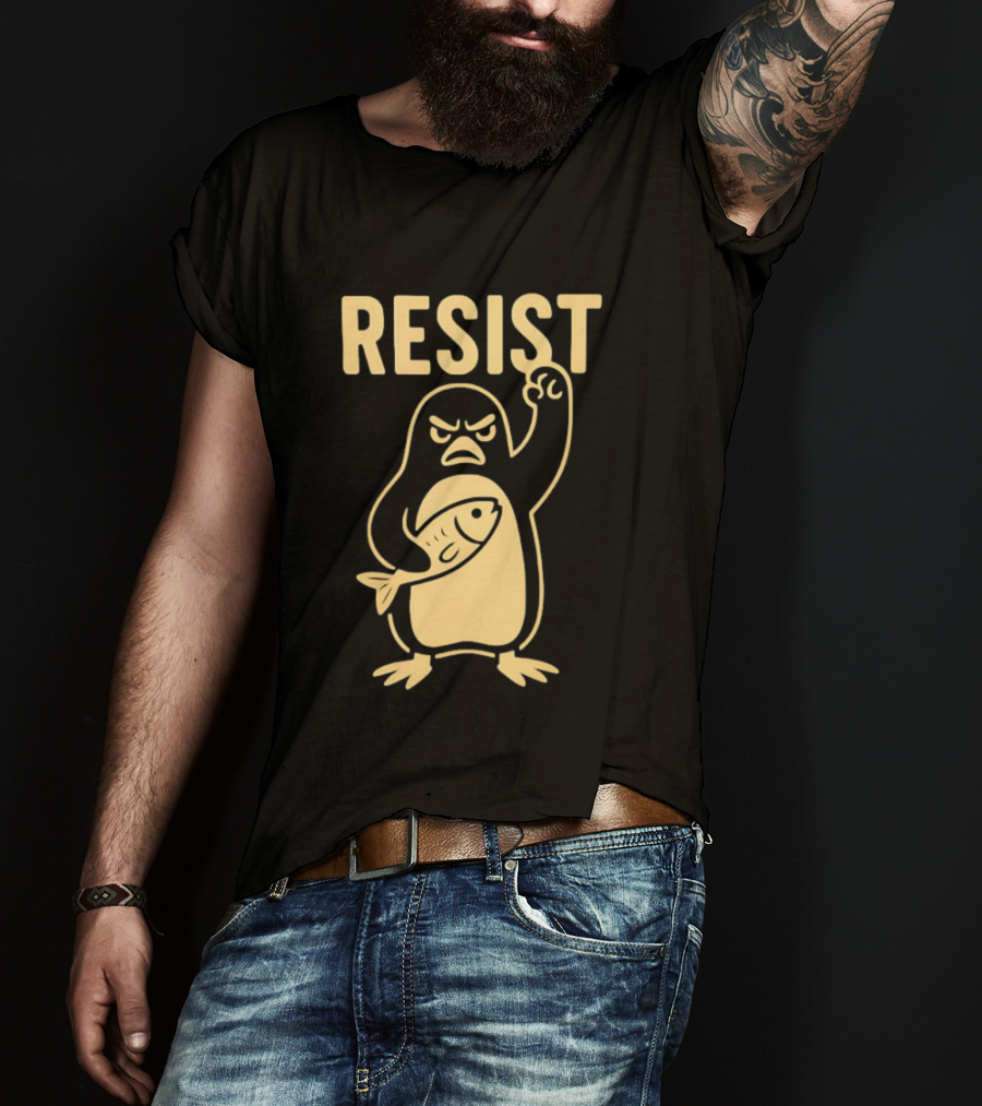 RESIST Angry Penguin Holding Fish T-Shirt