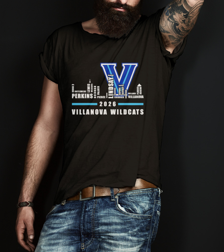 2026 Villanova Wildcats V With City Skyline And Player Names T-Shirt