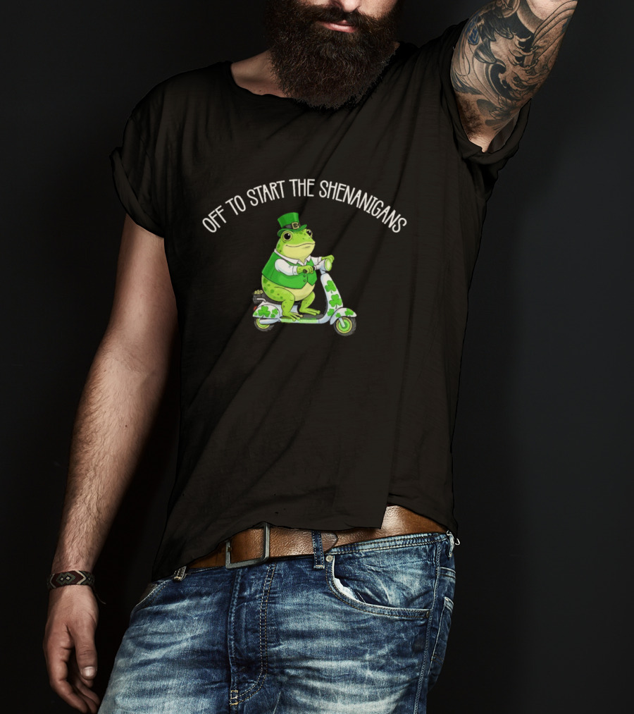 Off To Start The Shenanigans Frog Scooter St. Patrick's Day T-Shirt