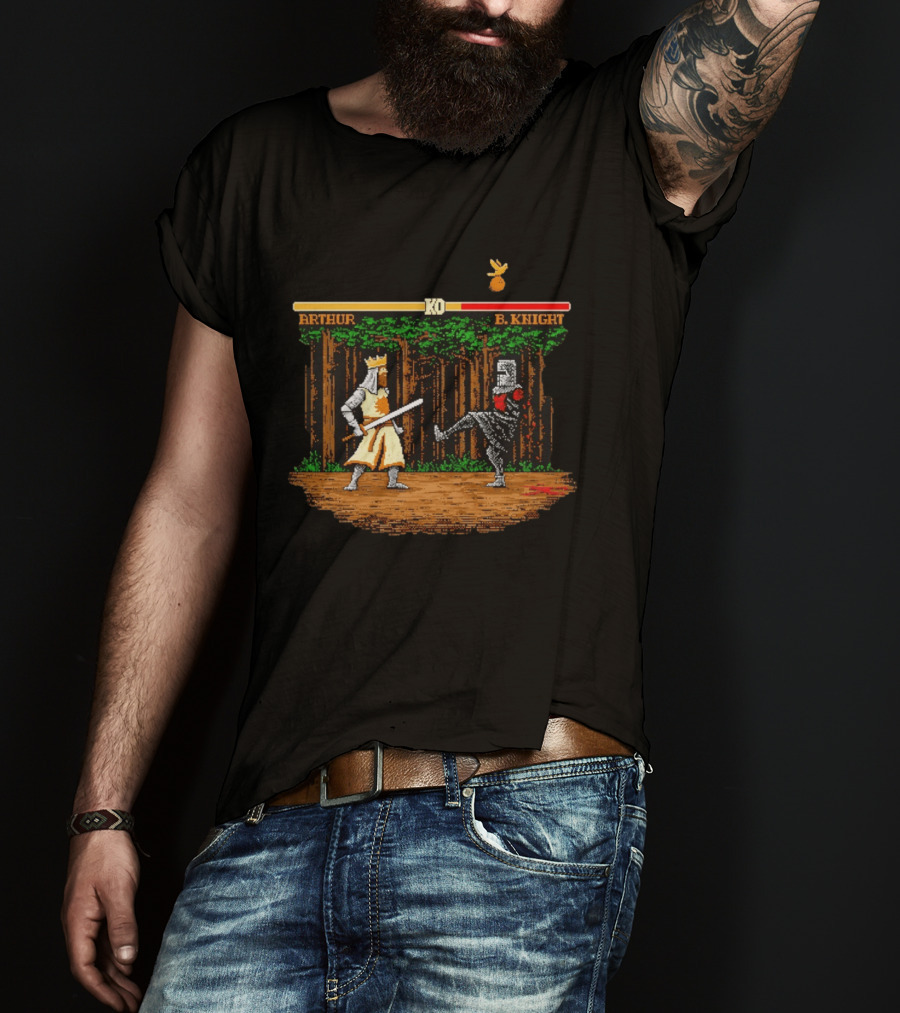 King Arthur Vs Black Knight KO Monty Python And The Holy Grail Pixel Art Forest Duel T-Shirt
