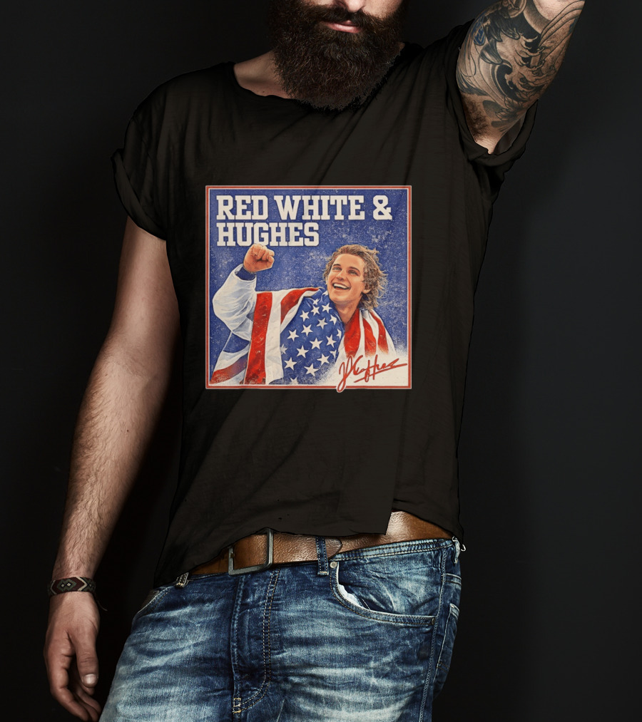 Red White & Hughes USA Jack Hughes Signature Fist Pump Celebration T-Shirt