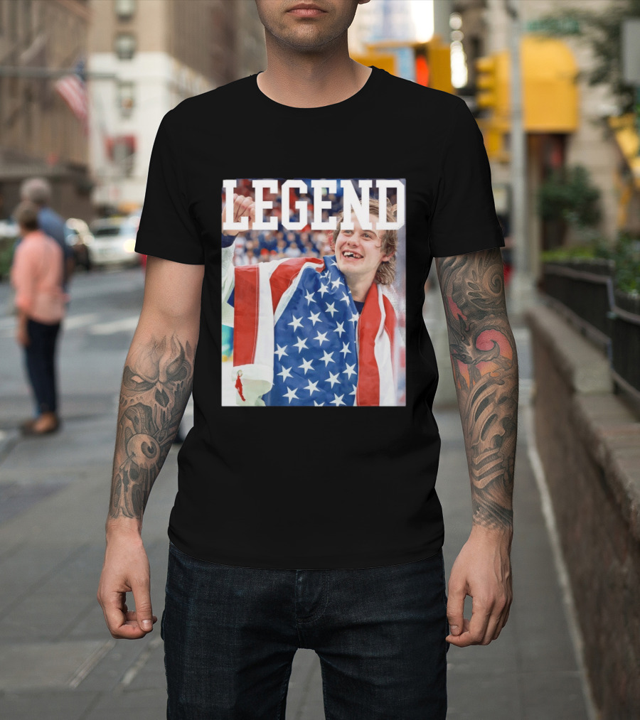 Men's Hockey USA Jack Hughes Legend American Flag Victory Celebration T-Shirt