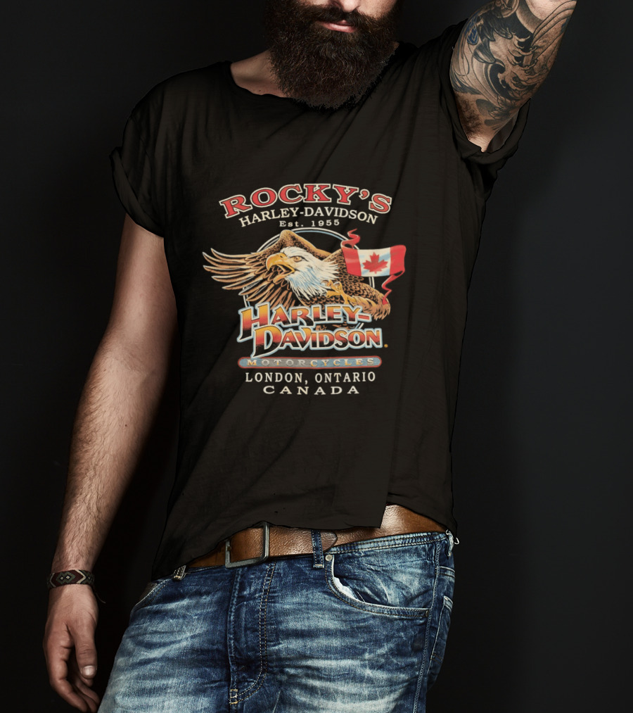 Rocky's Harley Davidson Motorcycles Est 1955 Eagle Canadian Flag London Ontario Canada T-Shirt