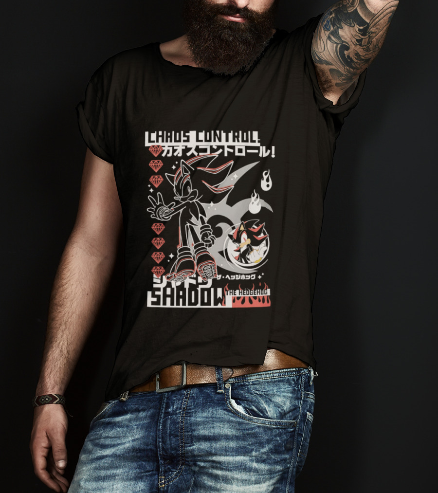 Chaos Control Shadow Soni The Hedgehog Japanese Text Emeralds T-Shirt