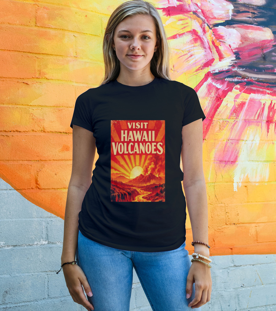Visit Hawaii Volcanoes Vintage Travel With Erupting Mountain And Sunset Rays T-Shirt
