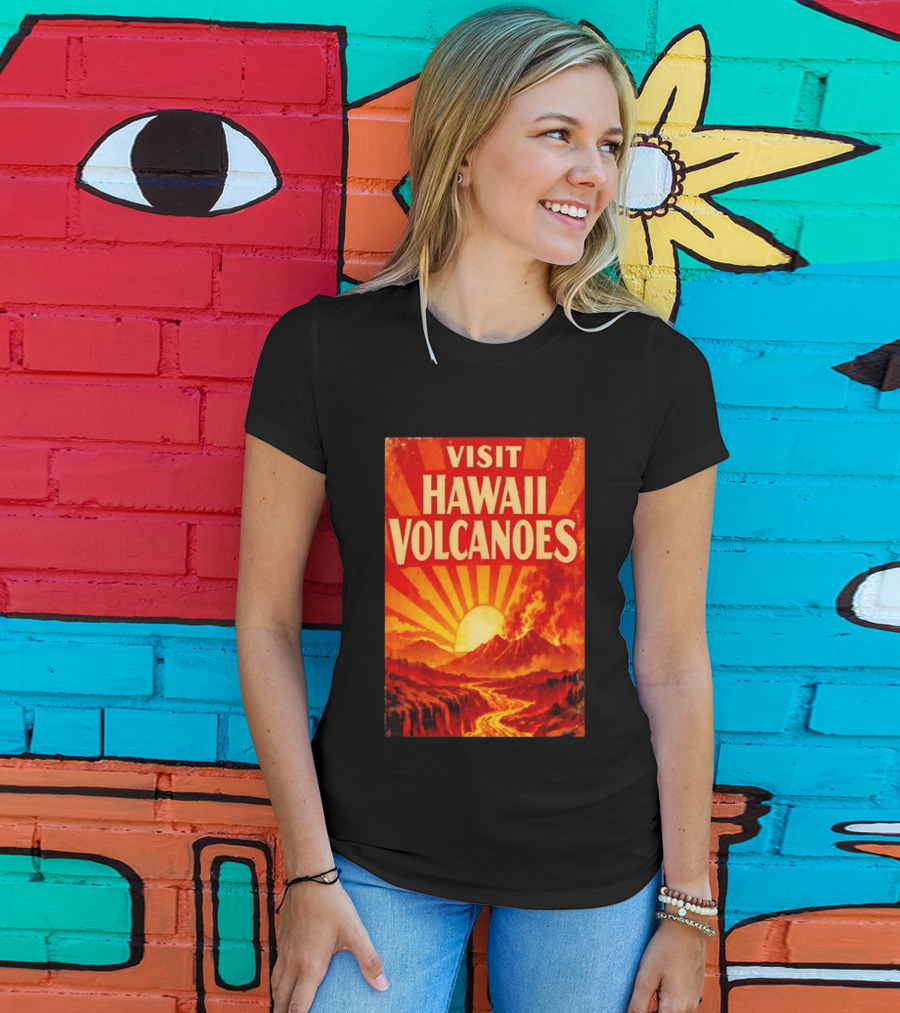 Visit Hawaii Volcanoes Vintage Travel With Erupting Mountain And Sunset Rays T-Shirt