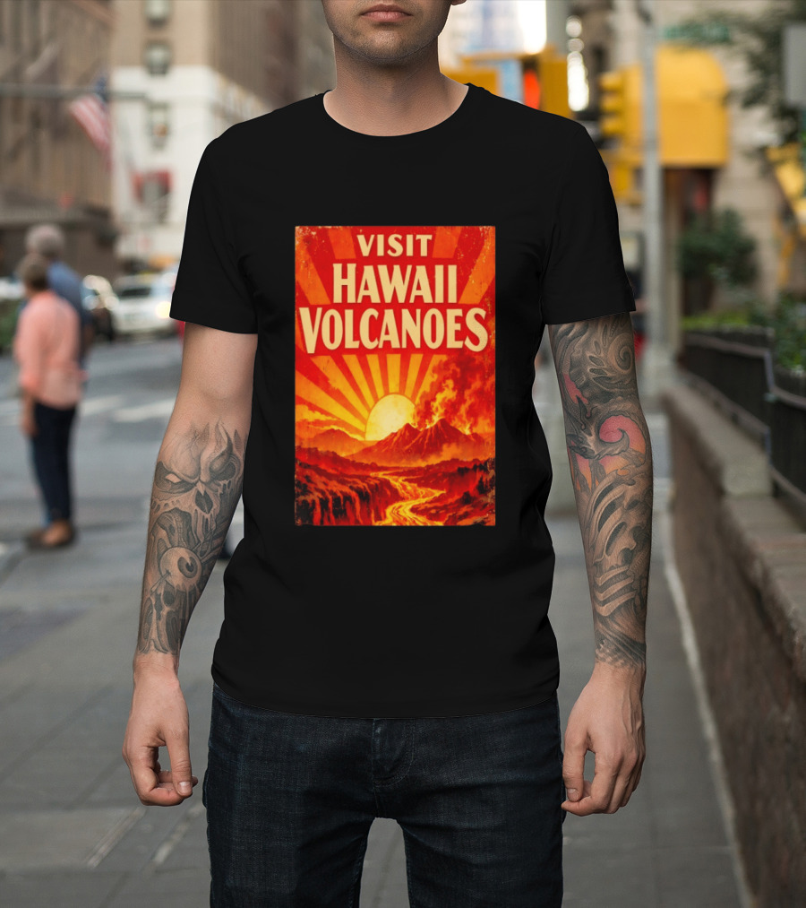Visit Hawaii Volcanoes Vintage Travel With Erupting Mountain And Sunset Rays T-Shirt