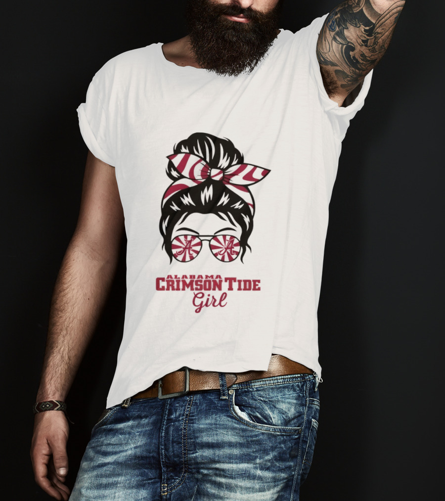 Alabama Crimson Tide Girl Messy Bun With Glasses And Bow T-Shirt