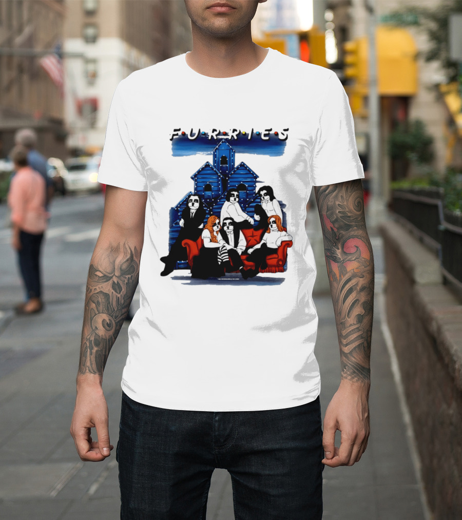 Furries Friends Group Sitting In Front Of Blue Houses T-Shirt