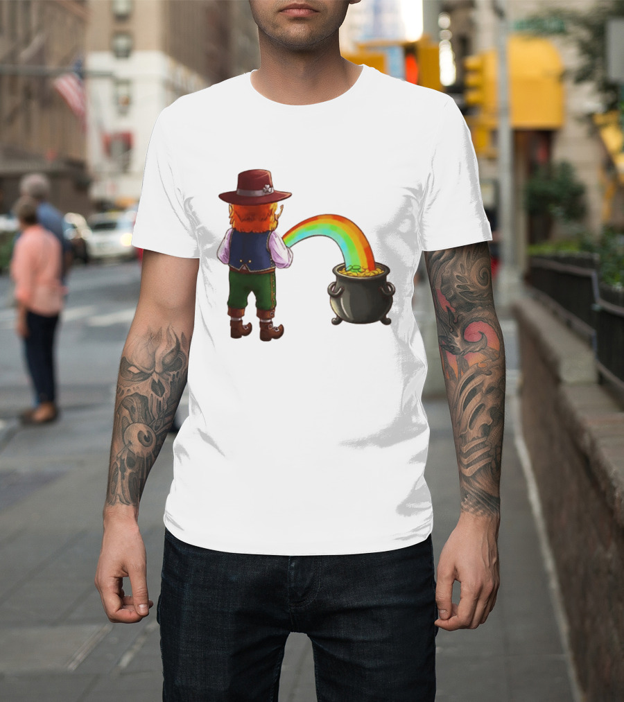 St Patricks Day Leprechaun Pissing Rainbow Into Pot Of Gold Meme T-Shirt