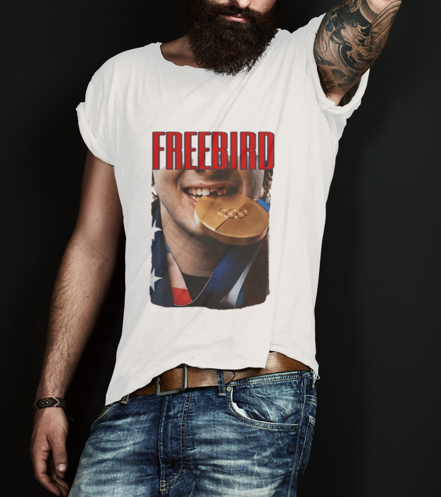 Jack Hughes Freebird Golden Smile Olympic Medal Bite T-Shirt